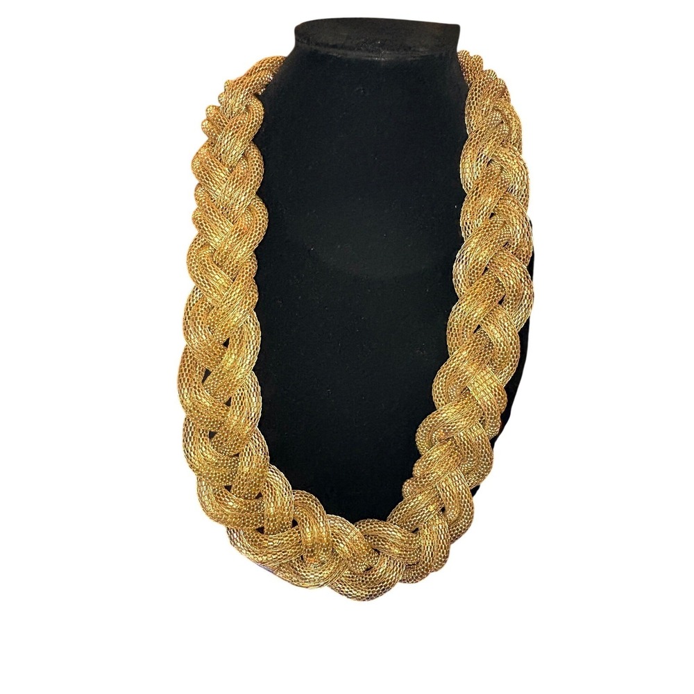 Braided Statement Chunky Mesh Necklace Gold Tone Women's Fashion Jewelry 16 inch